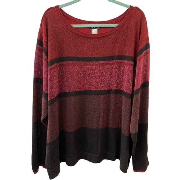 VENUS • Red & Black Crewneck Color Block Sparkly Glittery Striped Sweater Top - Picture 2 of 10